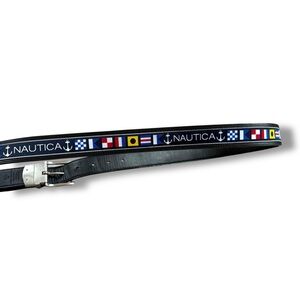 Nautica reversible nautical sailing flag belt black leather men size 44 preppy